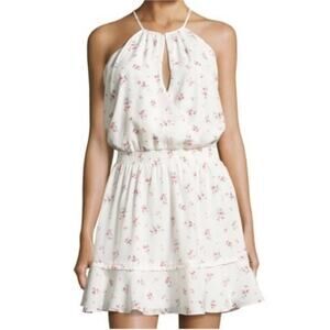 Parker Nathan Ditsy Floral Halter Mini Dress A-Line Ruffle Hem Blue Pink S